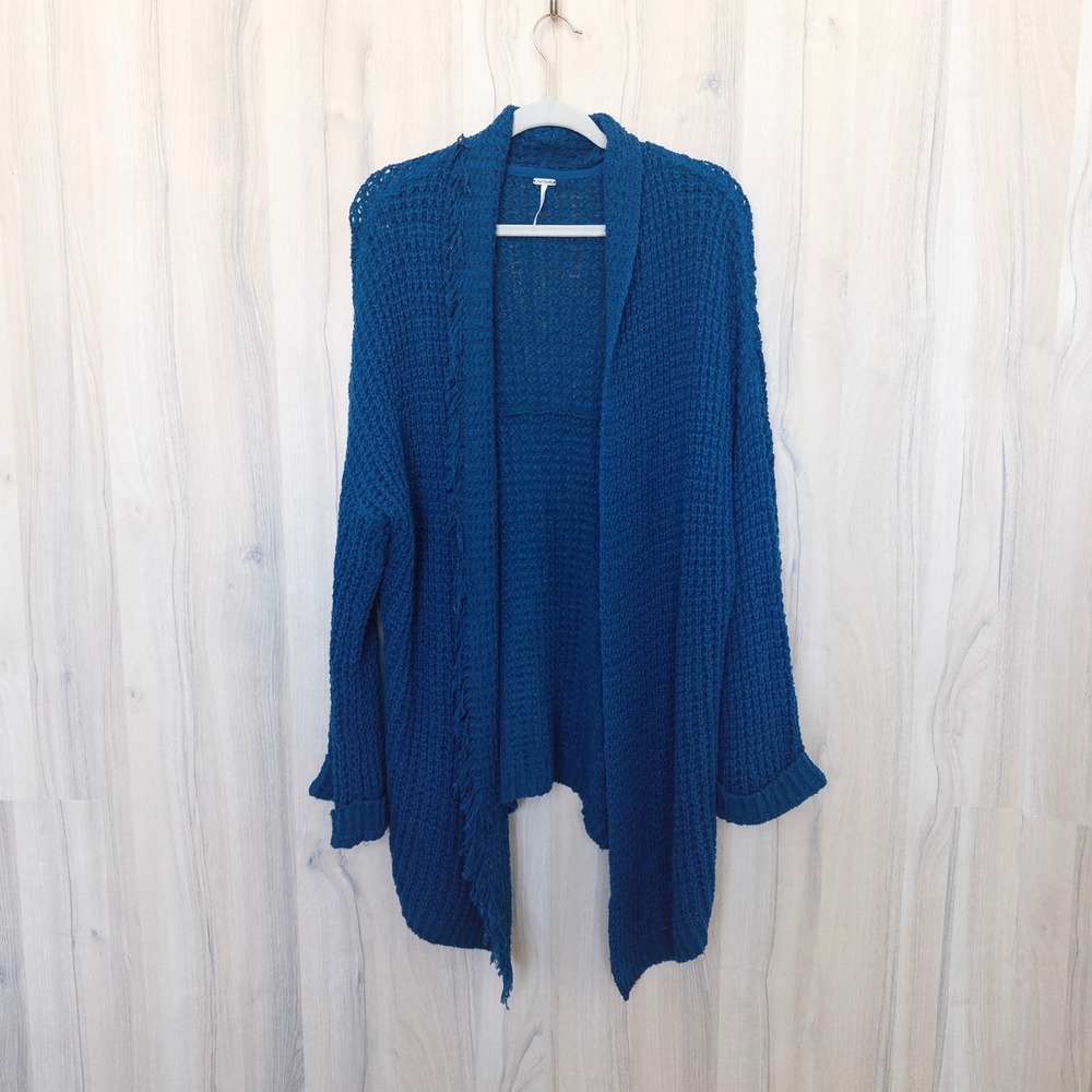 Free People Silk Blend Cardigan M Blue I'll Be Around Chunky Knit Fringe Boho